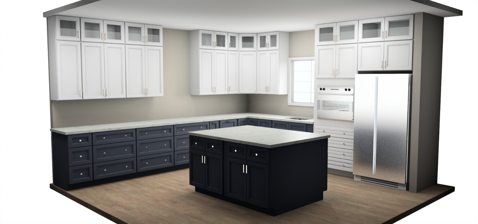 Kitchen design rendering for a white and navy Shaker project