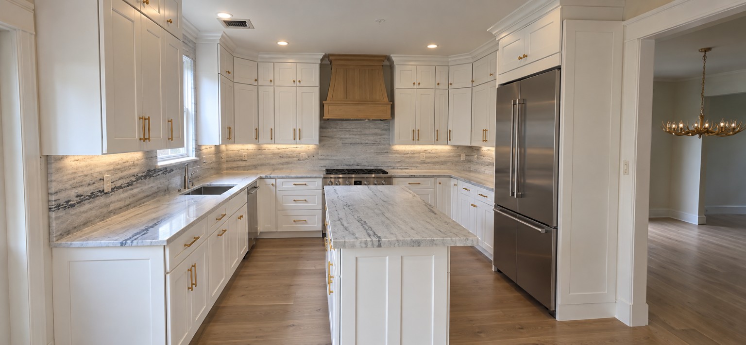 Completed white Shaker kitchen with gold hardware, wood range hood, full-height stone backsplash and large island