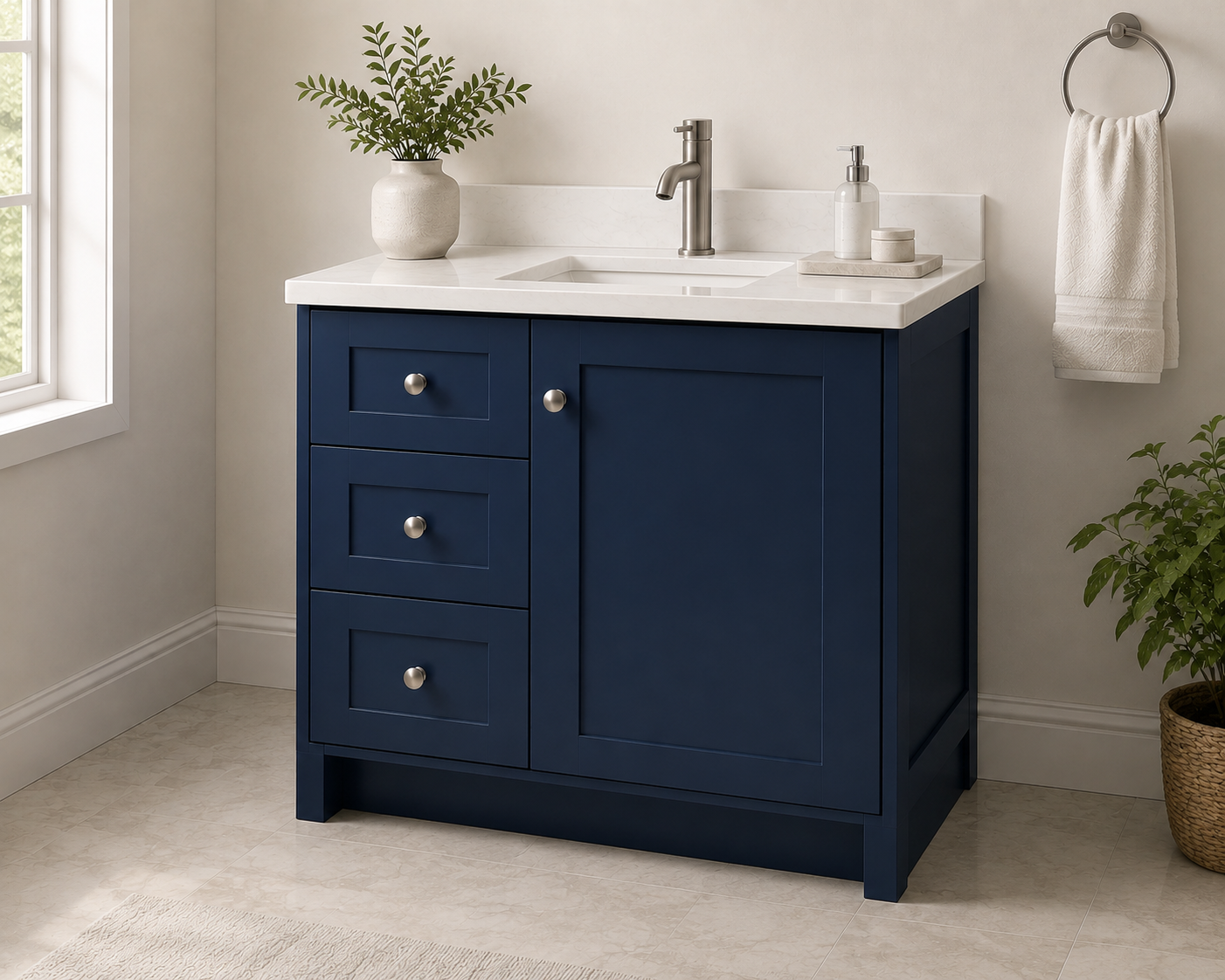 Blue Shaker 30" bathroom vanity with left-side drawers and a cabinet door on the right