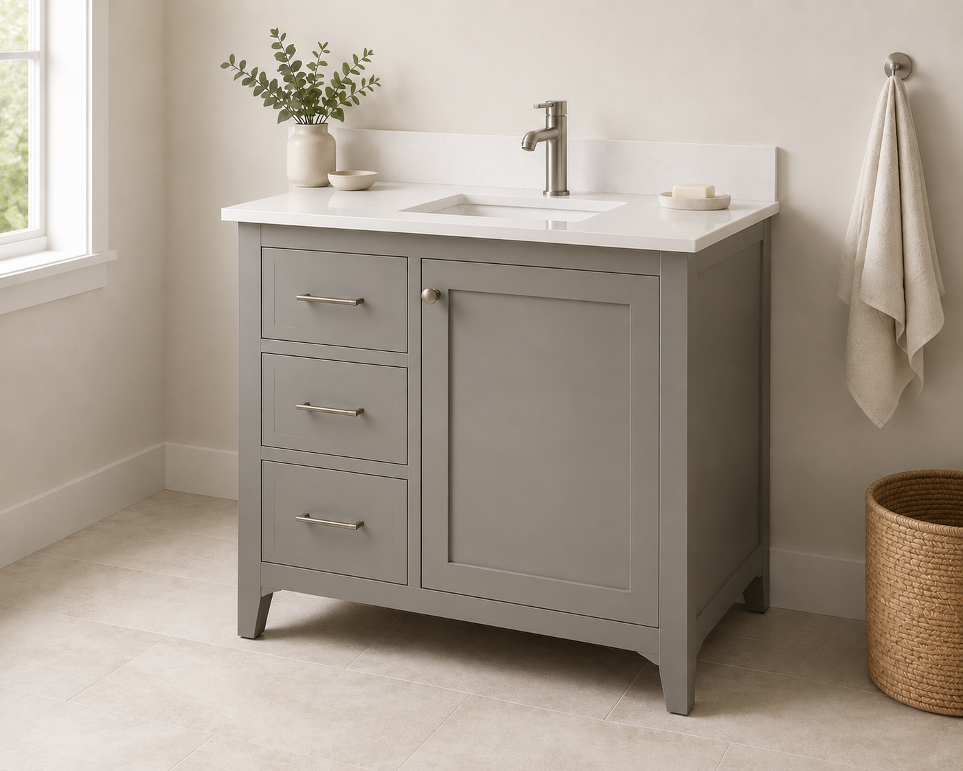 Gray Shaker 30" bathroom vanity with left-side drawers and a cabinet door on the right