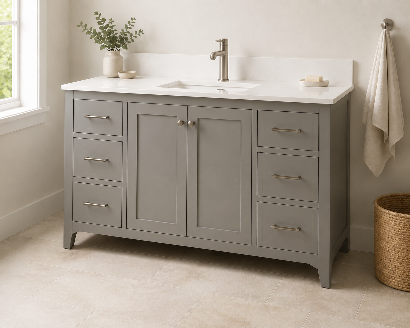 Gray Shaker 48" bathroom vanity with drawers on both sides and cabinet doors in the middle
