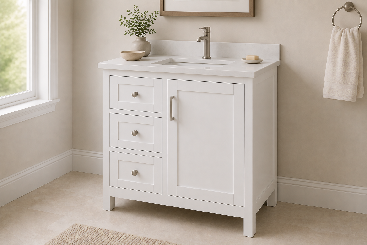 White Shaker 30" bathroom vanity with left-side drawers and a cabinet door on the right
